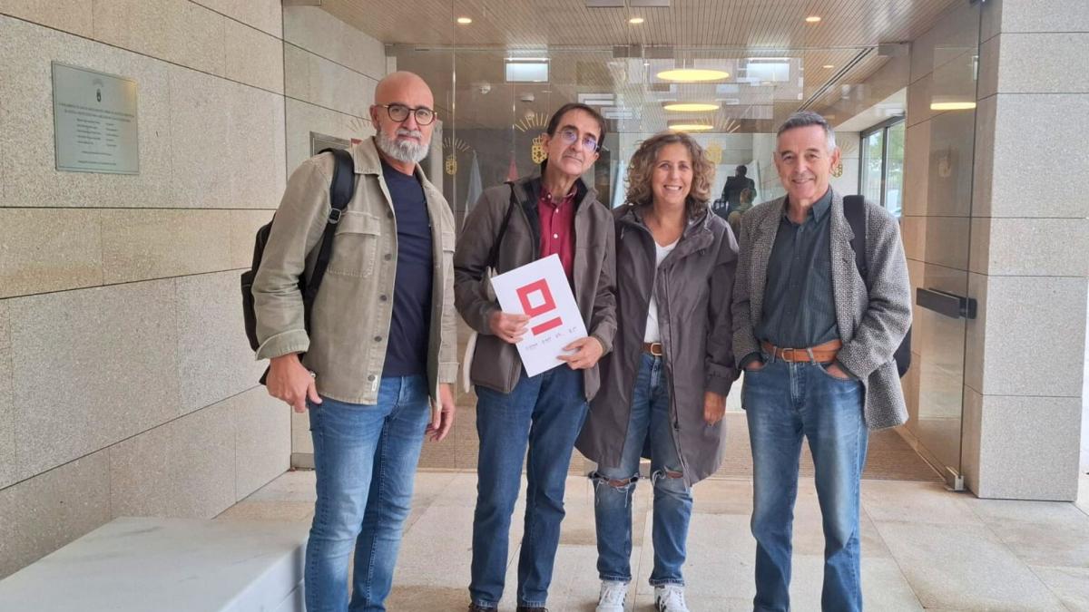 A secretaria xeral de CCOO (centro) e o secretario de Transicións (esquerda), xunto con representantes da Fundación 1.º de Mayo, na entrada ao Parlamento de Galicia