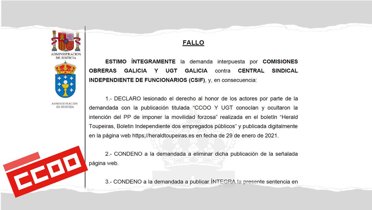 Extracto da sentenza que condena a CSIF por vulnerar o dereito ao honor de CCOO e UGT