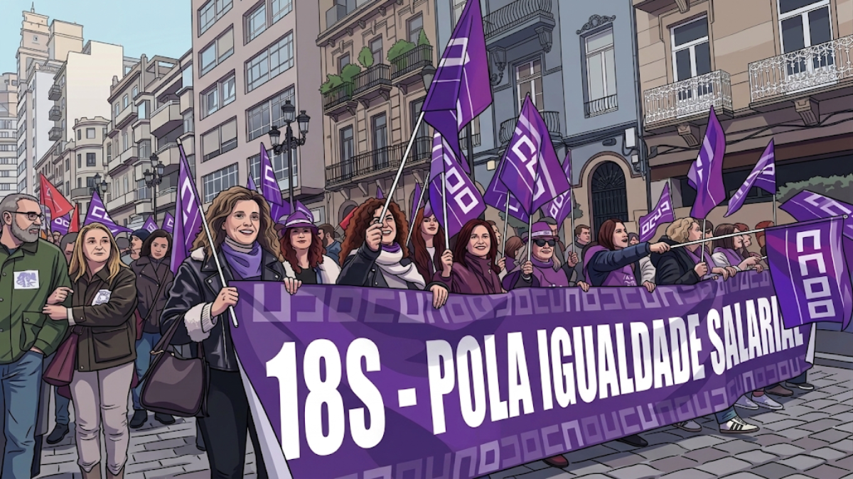 Imaxe xenerada con IA a partir dunha foto da mnafiestación do 8M de 2026 en Vigo.