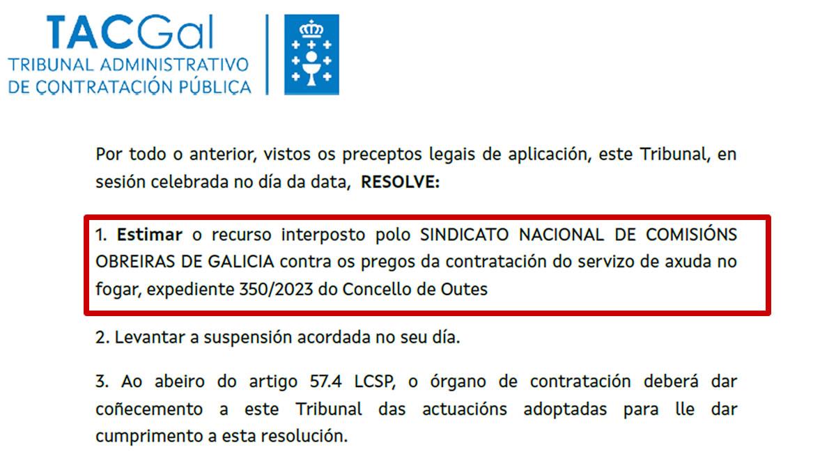 Resolucin do Tacgal dndolle a razn a CCOO e anulando a licitacin do SAF de Outes